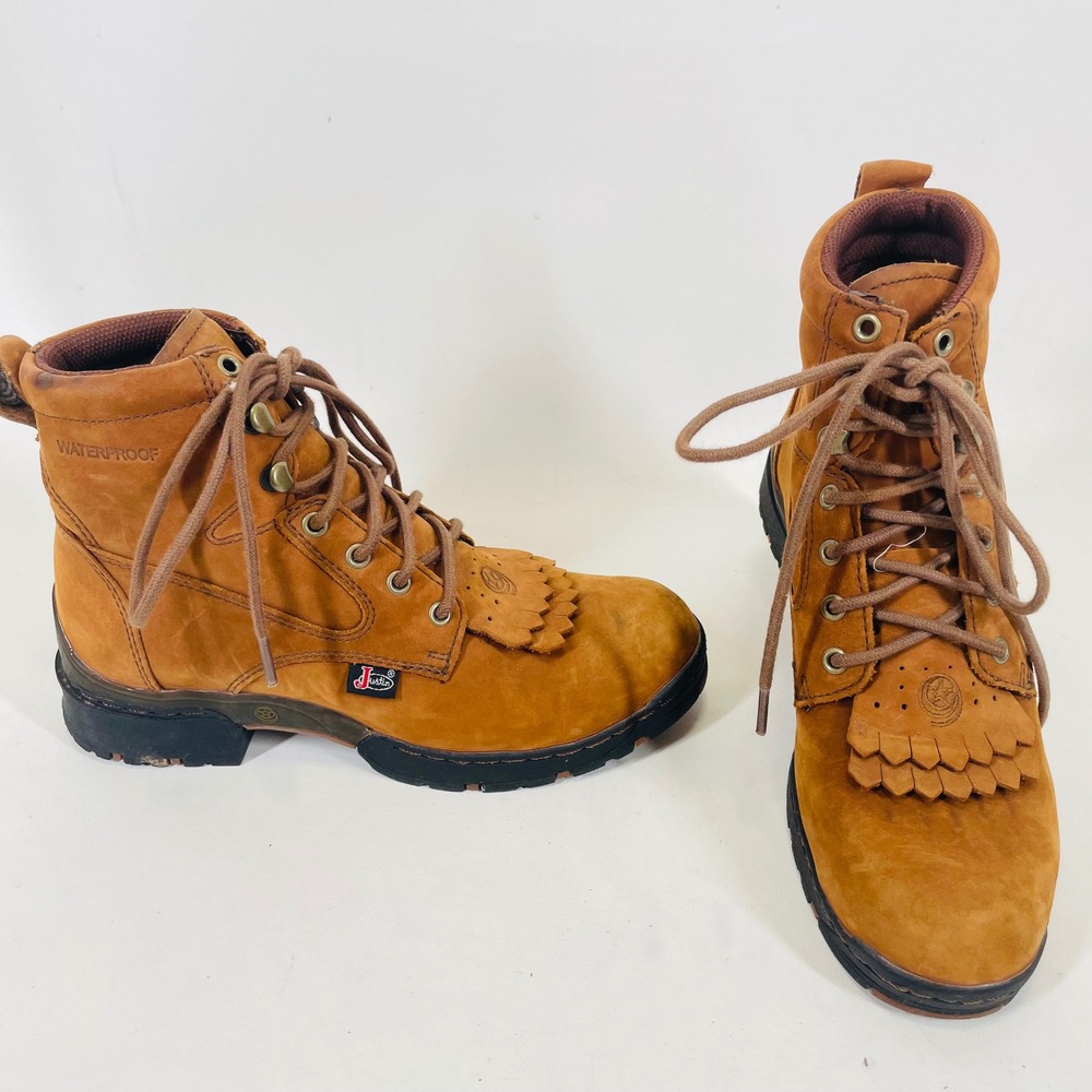 Justin L0917 Womens Waterproof Leather Lace Up Kiltie Boots Tan Ankle Size 6.5 B